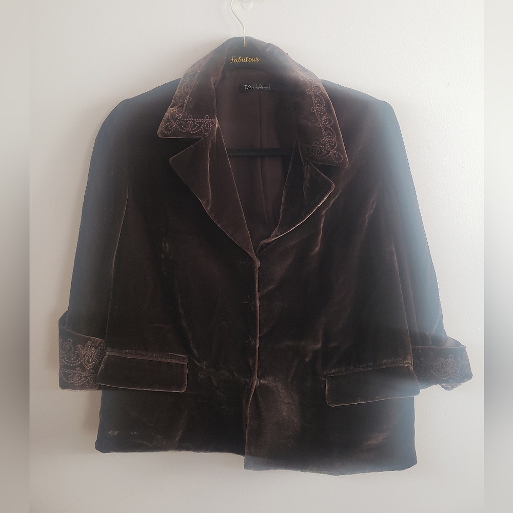 Tahari Rayon Silk Blend Brown Embroidered Peplum Jacket~ Size Medium